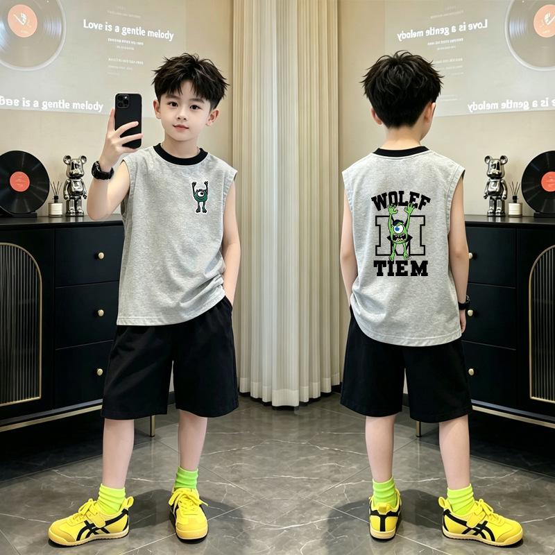 Boys' Korean Style Cotton Color Block Sleeveless Vest Set - Summer 2026 New Arrivals, Medium & Large, Round Neck Trendy Top