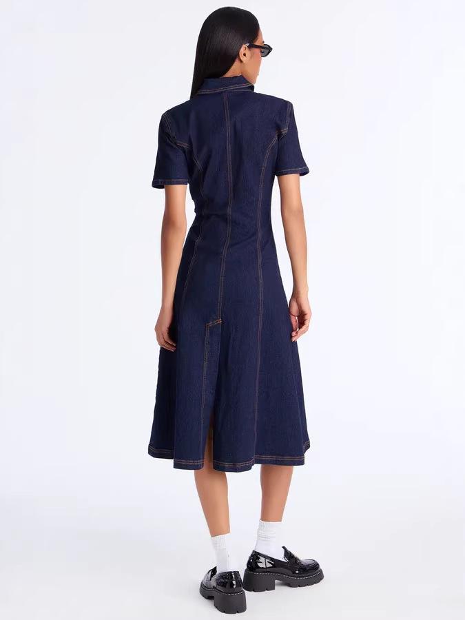 Women's Casual Short Sleeve Denim Dress with Lapel - Summer Style 89375
