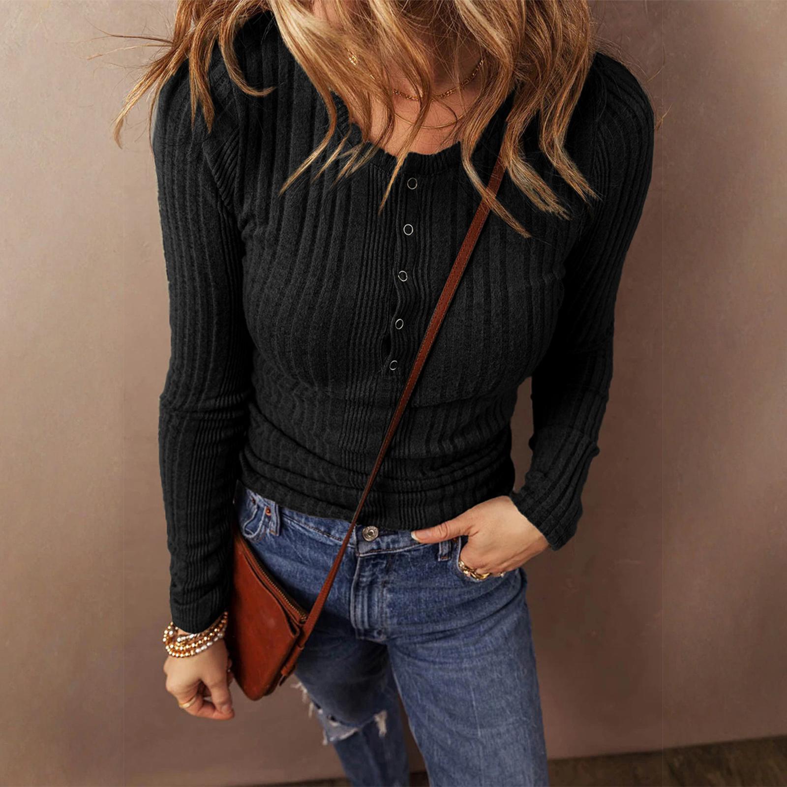 

Women s Fashionable Solid Color Long Sleeved Button Casual Base Shirt Pullover T-shirt Top M чёрный