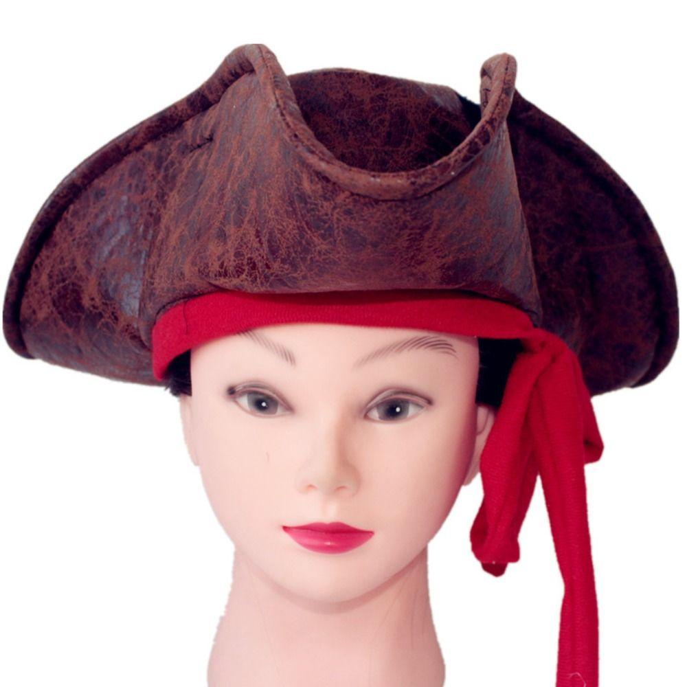 Faux Leather Pirate Cowboy Hat Adult Brown Vintage Tricorn Hat Pirate Captain Cap  Men Headwear