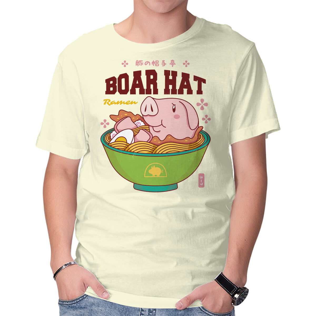 Unisex Crew Neck T-Shirt Boar Hat Ramen Graphic Short Sleeve Casual Tee XS