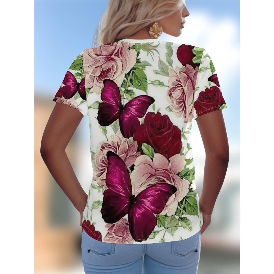 Plus Size Tees Women's Short Sleeved 3D Printed Top Holiday Flower Pattern Weekend Basic V Neck T Shirt Summer