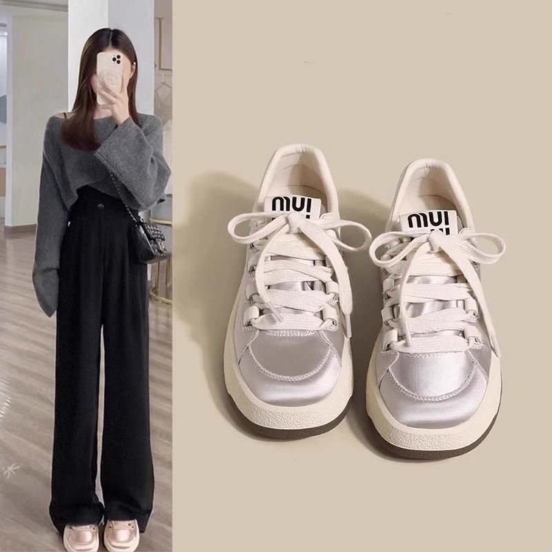 

New silk rose gold satin board shoes women s niche thick-soled splicing white shoes women 40 срібний