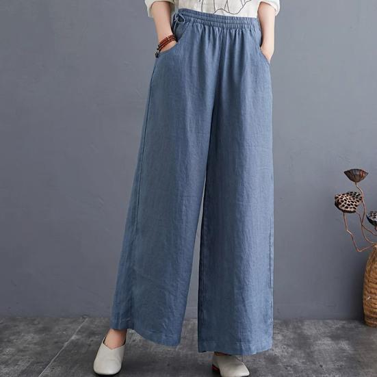 Women Pants Elastic Waistband Adjustable Drawstring Wide Leg Long Pants with Pockets Pure Color Leisure Trousers Summer Travel Work Wear