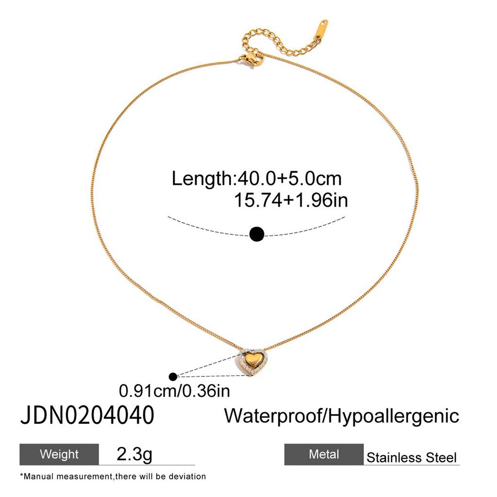 Zora Simple Heart Cross Pendant Necklace with Rhinestones 18K Gold Color Plated Stainless Steel Daily Girl Jewelry