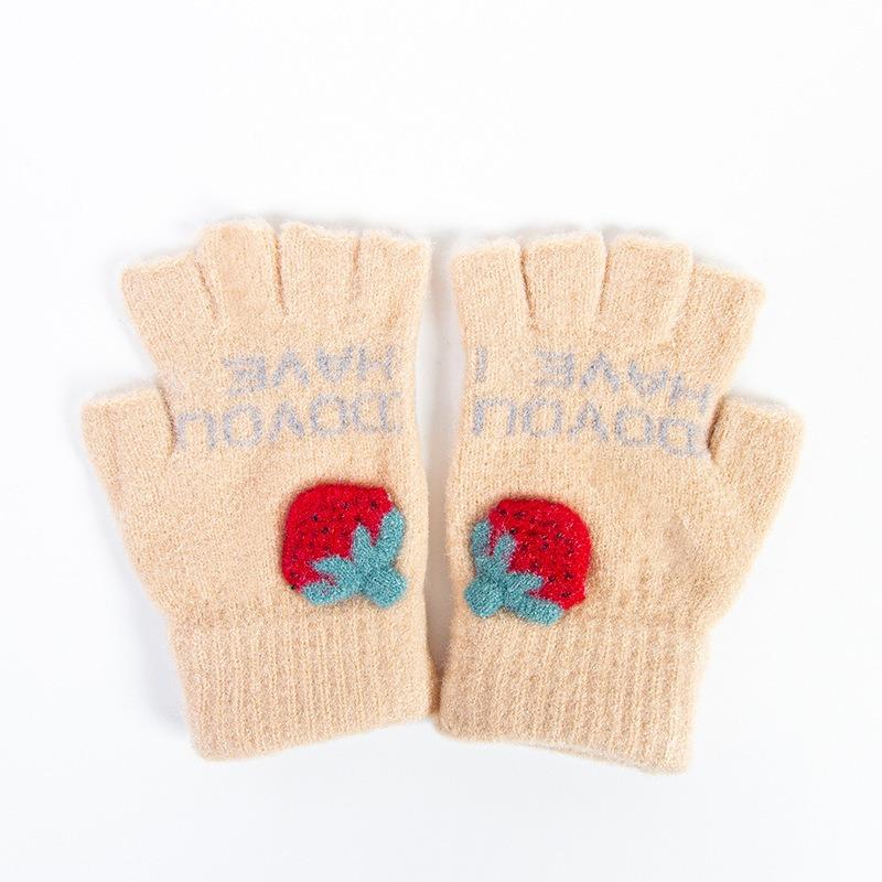 New half-finger gloves women's winter strawberry fleece thickened fashion open finger cold warm knitted plush gloves