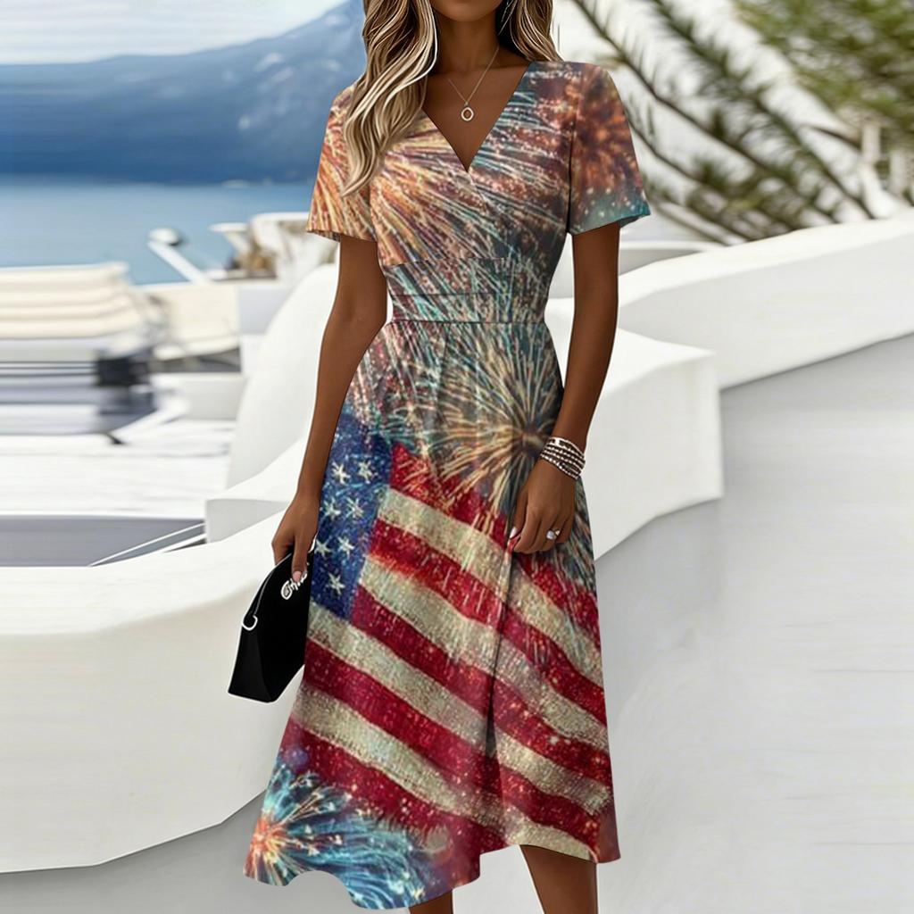 Women's Independence Day Print Casual Fashion Short Sleeve V-Neck Dress