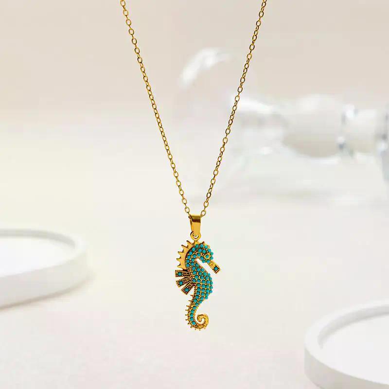 1PCS Stainless Steel Seahorse Pendant Necklace Turquoise Boho Ocean Jewelry For Women