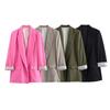 Faux Linen Roll-Up Sleeve Color Block Suit Jacket Autumn Women Fashionable Office Loose Blazer Coat Female Chic Outerwear