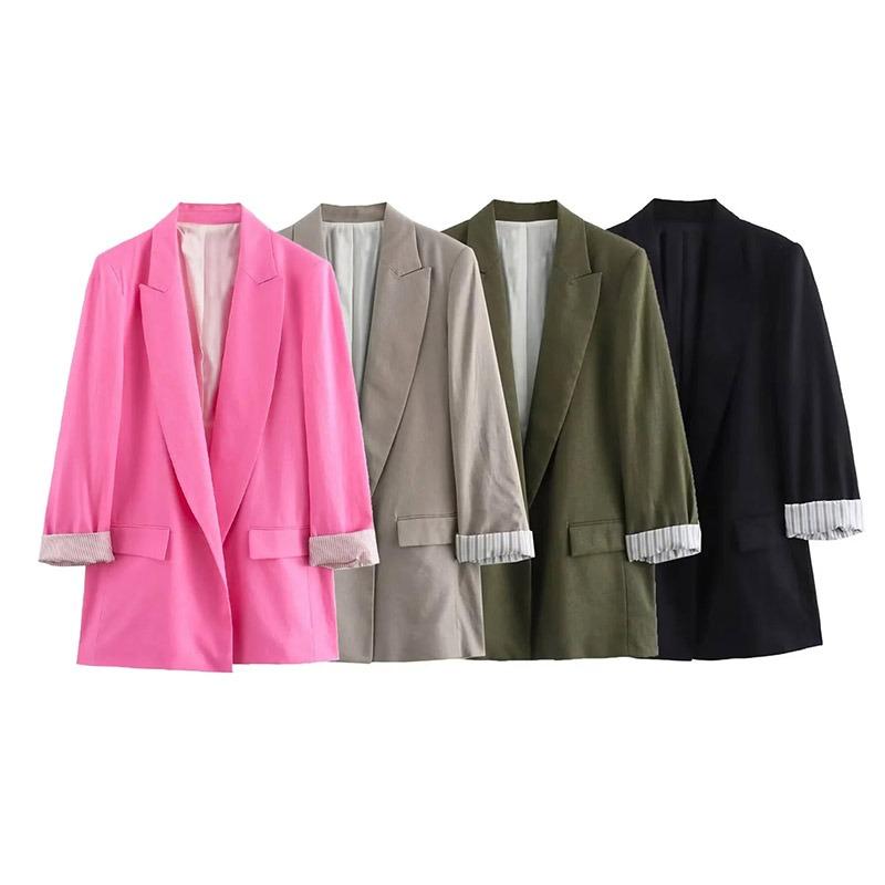 Faux Linen Roll-Up Sleeve Color Block Suit Jacket Autumn Women Fashionable Office Loose Blazer Coat Female Chic Outerwear