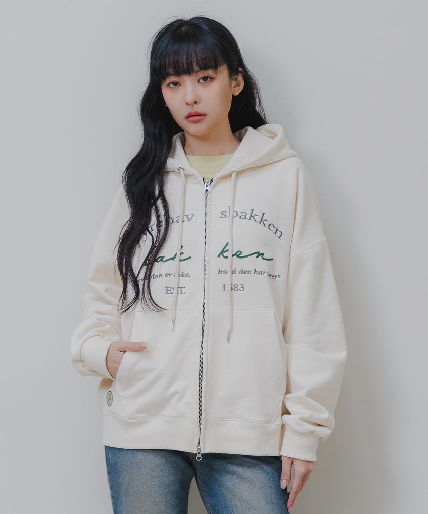Bakken Color Point Lettering 2-Way Zip-Up Hoodie Bk7984_Cream