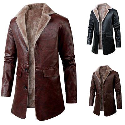 European Men's Mid-Length Leather Jacket with Velvet Lapel - Autumn/Winter Business Coat