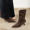 Woman High Heel Boots Suede Autumn Versatile Medium Tube Short Boots Woman Elastic Suede Pointed Pleated Boots