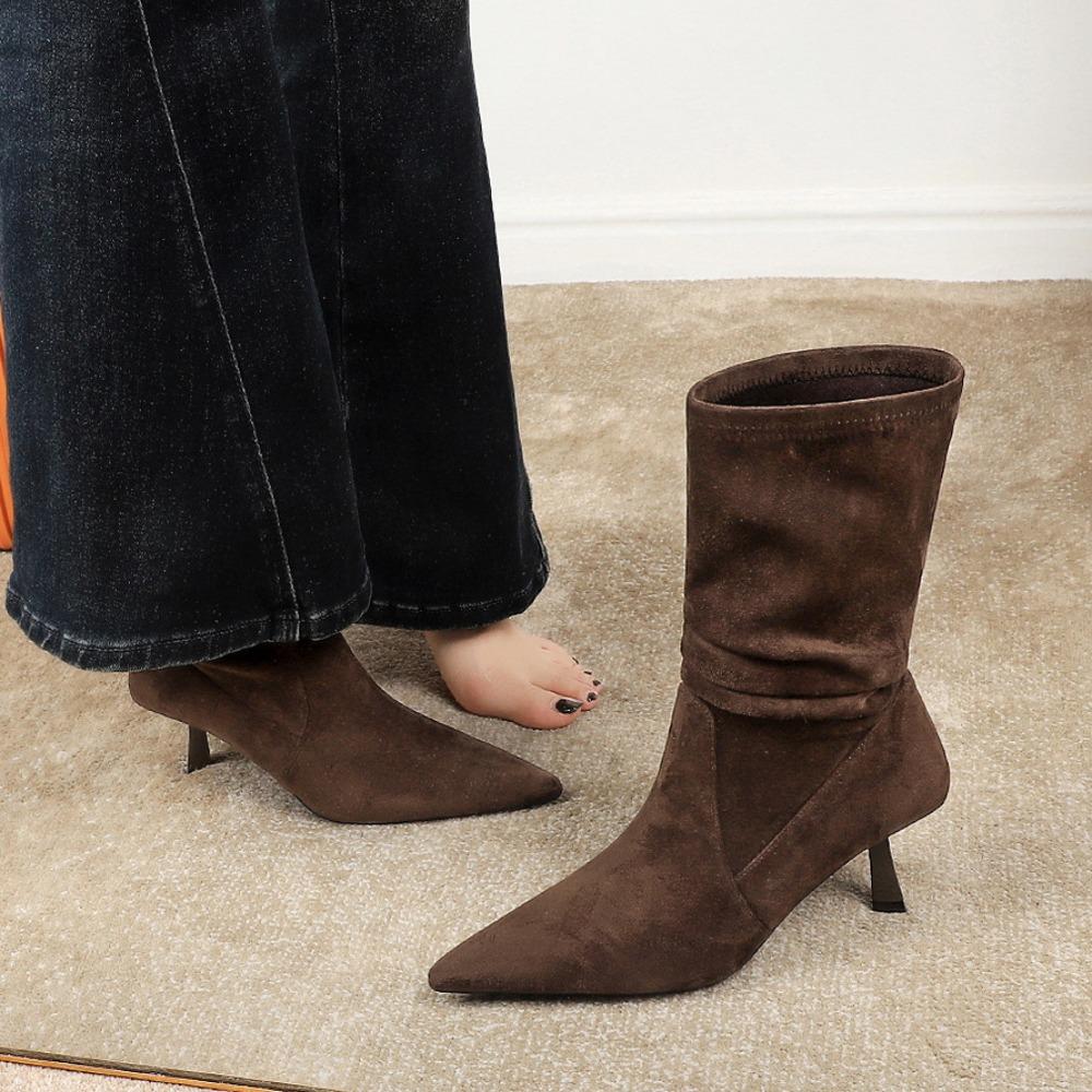 Woman High Heel Boots Suede Autumn Versatile Medium Tube Short Boots Woman Elastic Suede Pointed Pleated Boots