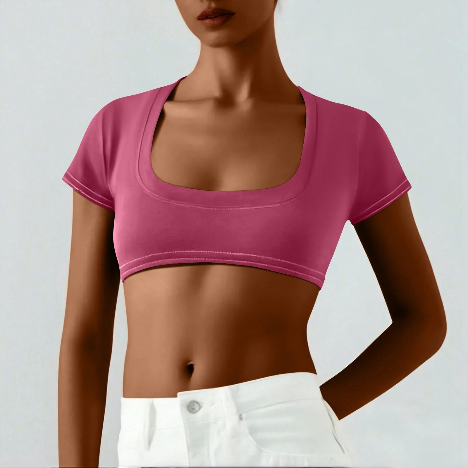 

Женская однотонная футболка с короткими рукавами за два юаня, симпатичная сексуальная укороченная футболка с короткими рукавами S винный