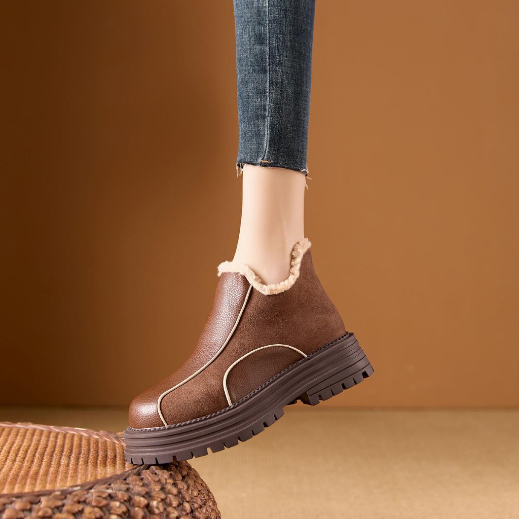 Women's Winter Chunky Platform Snow Boots Non-Slip Ankle Booties With Fur Lining Fuzzy Leather Walking Shoes Warm Comfortable Short Boots for Women