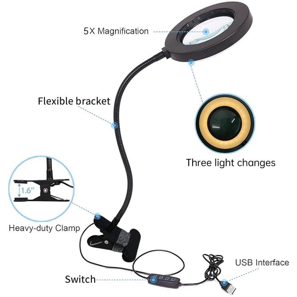 5X LEDs Clip On Desk Lamp 360 Flexible Gooseneck Reading Table Light Eye-Caring USB Nail Beauty Light Adjustable 3 Level