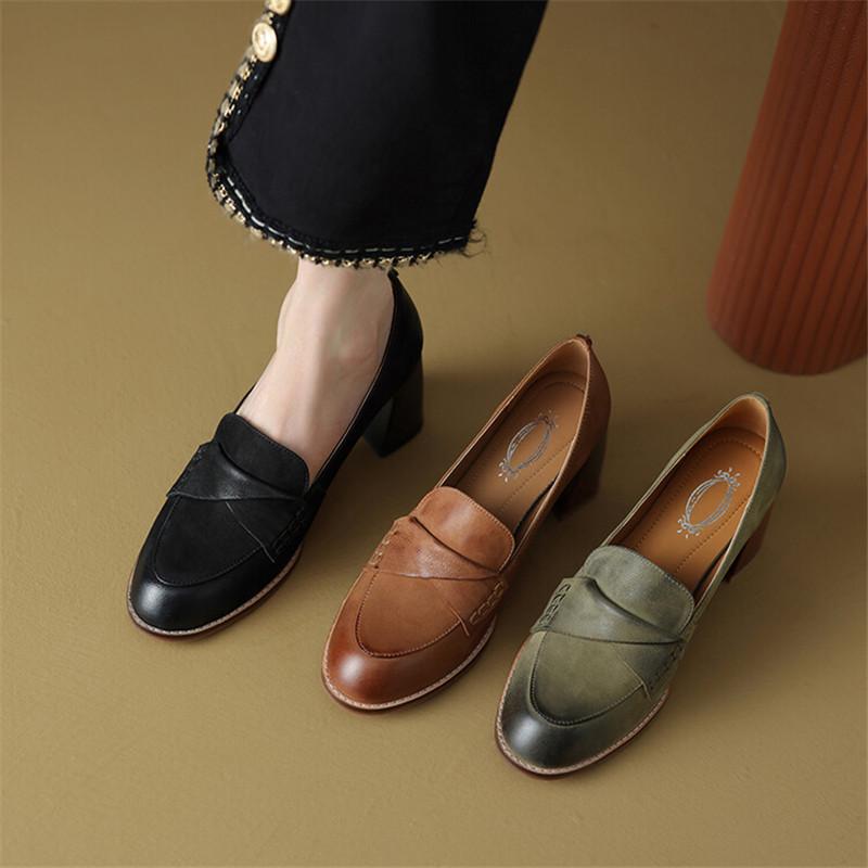 Fashion 2024 New Spring Summer Sheepskin Women Shoes Round Toe Women Pumps French Retro High Heels Loafers Shoes for Women Ladies Shoes