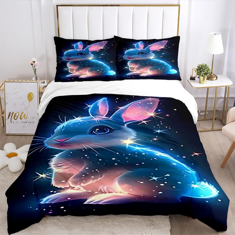 3pcs Glowing Bunny Rabbit Comforter Set with One Quilt Cover and Two Pillowcases (No Core) - Anime Cartoon Design, Polyester Fabric, Festive Gift for