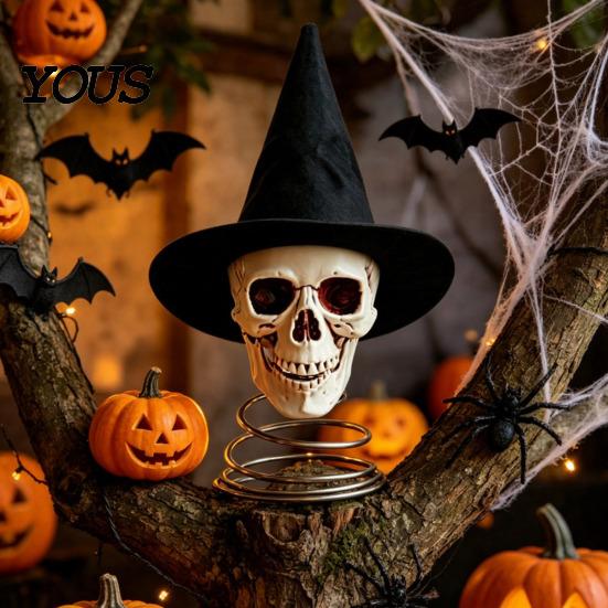 Black Pointed Hat Skull Halloween Witch Tree Topper, Gothic Skeleton Figurine for Dark Aesthetic Topper Party Decor, Spooky Festive Home Ornament,