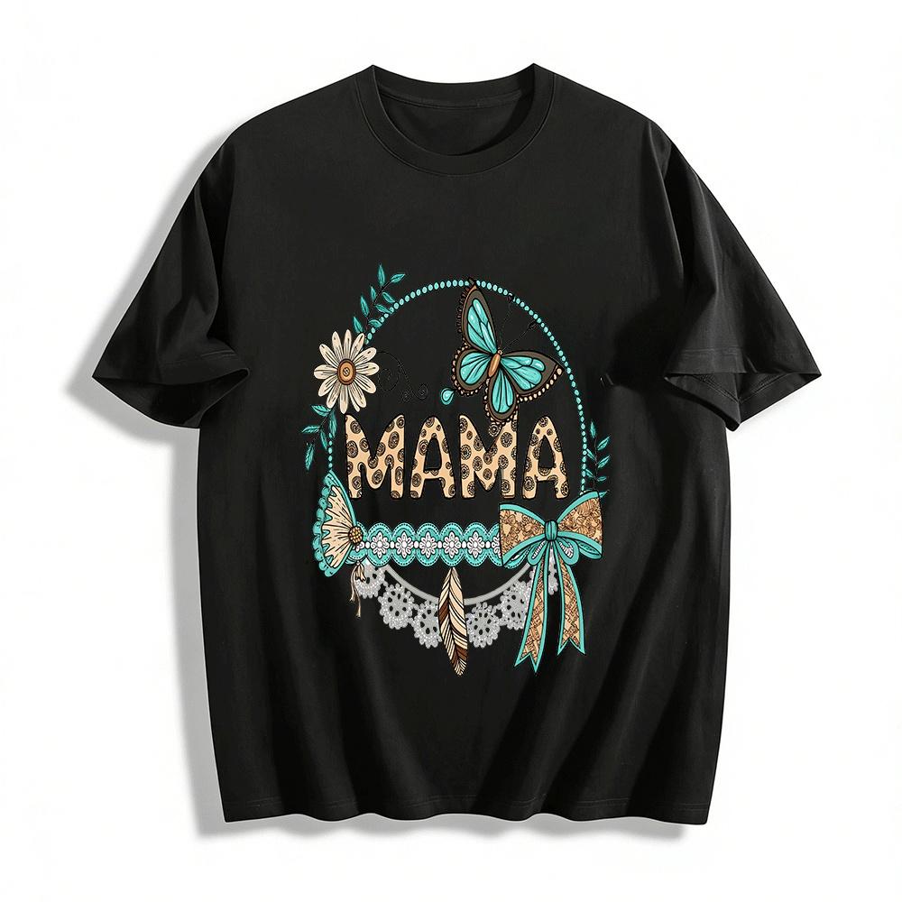 Bohemian Style MAMA Print Vintage Butterfly Floral Ladies Top Pure cotton T-shirt XXS