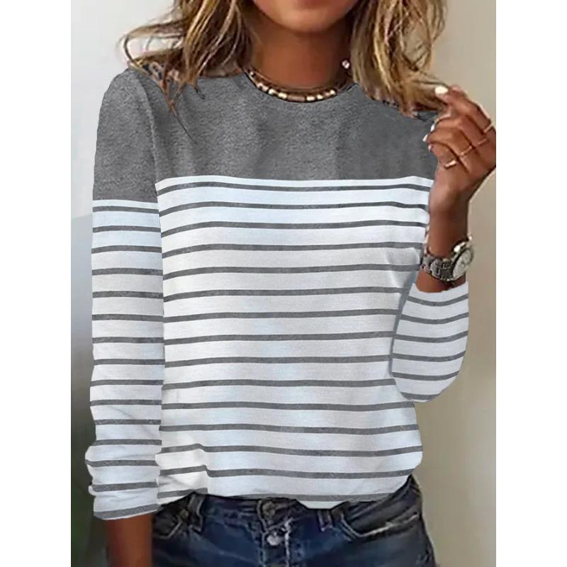 2025 Women's Long-sleeved T-shirt Striped Two-color Printed Spliced O-neck Fashion Top Basic Casual Tees