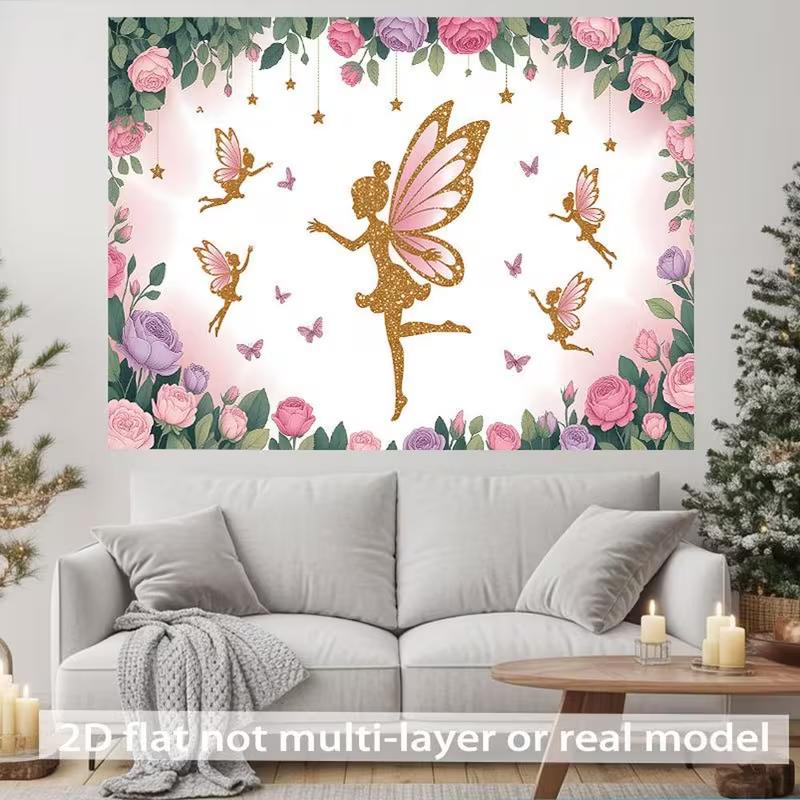 2D Fairy Backdrop, Pink Gold Glitter Fairy Floral Photography Background Banner