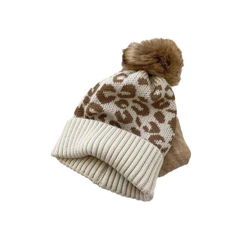 Fashion Leopard Print Curled Hairball Knitted Hat Women's Outdoor Warm Thickened Autumn and Winter Women's Wool Hat