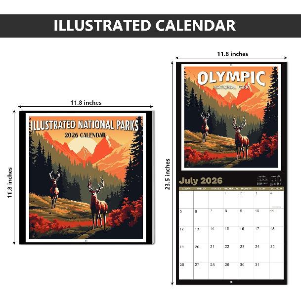 2026 Calendar - National Parks 2026 Wall Calendar, 12 Monthly Square Calendar from Jan.2026 - Dec.2026, 12" x 24" (Open), Calendars with Thick Paper