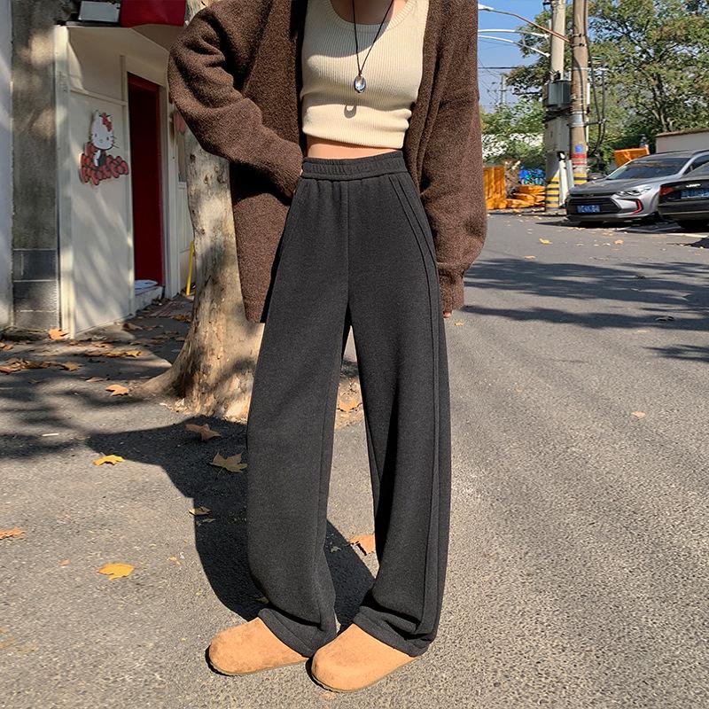 Off-white Wool High-Waisted Wide-Leg Pants for Women - Autumn/Winter, Plus Velvet, Slimming Fit.