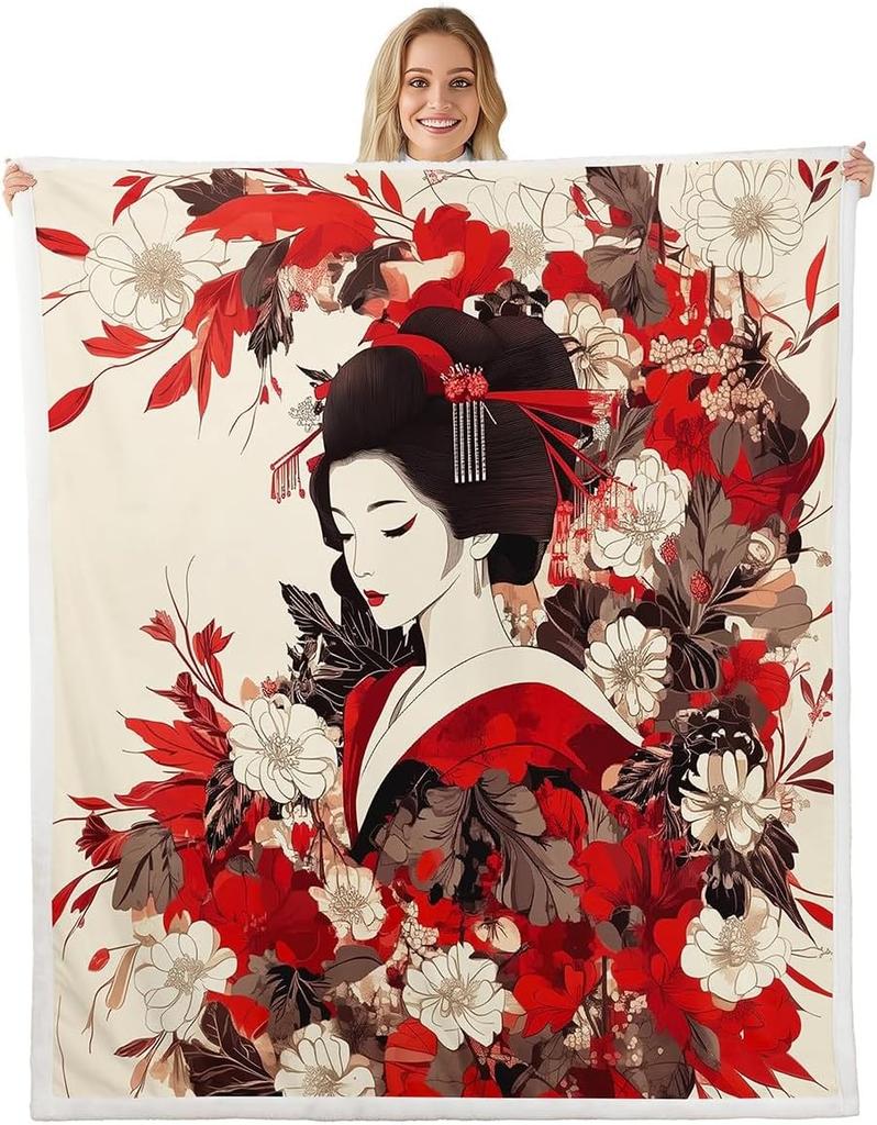 Japanisches Geisha-Mädchen ÜberwurfdeckeRosa Lila Blumenmuster DeckenMond Sternenhimmel Nacht Fleece Decke für Kinder Mädchen Frau Erwachsenen
