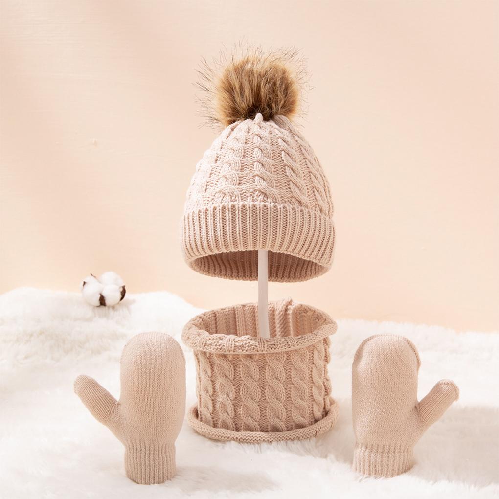 Beanie Hat Gloves Crochet Thick Scarf *Pom Pom Bobble Hat with Faux Twist Printing Winter Color Woollen Accessories Sets Boys