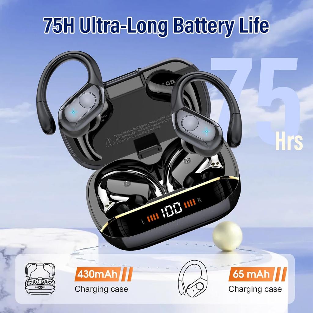 Wireless Earbuds Bluetooth 5.4 Headphones Sports, 75H Stereo Deep Bass Over Ear Buds with Earhooks, Bluetooth Earbuds with 4 ENC Mic, LED Display,