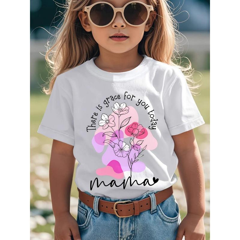 Girls White Crew Neck Short Sleeve T-Shirt with Floral and Letter Print 110 белый