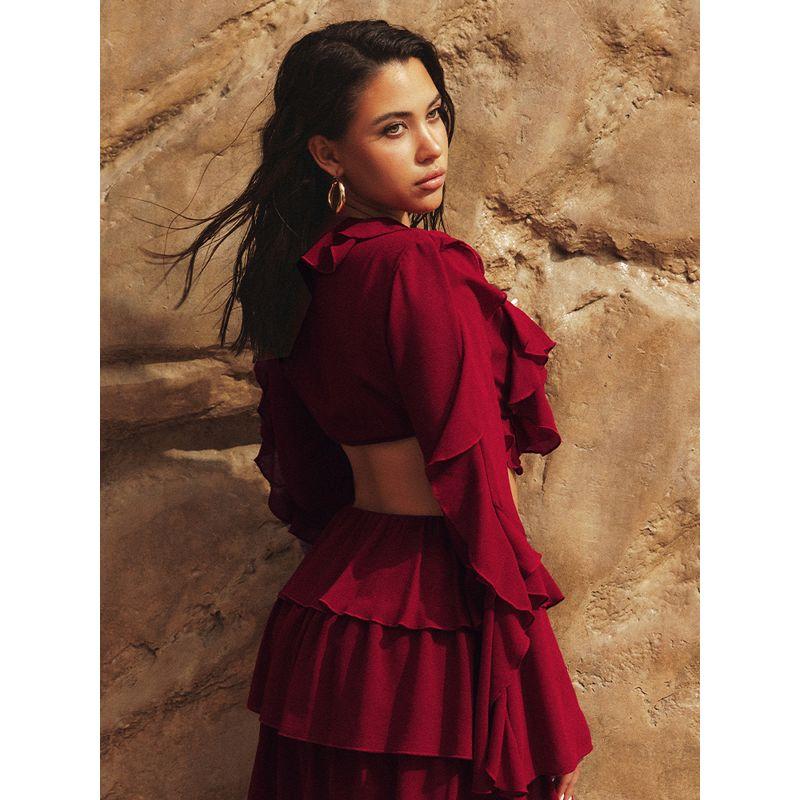 Decodediva [Desert Road Crazy Flower] Vacation Chiffon V Neck Long Sleeves Multi-Layer Shirt Top Suit Skirt Summer