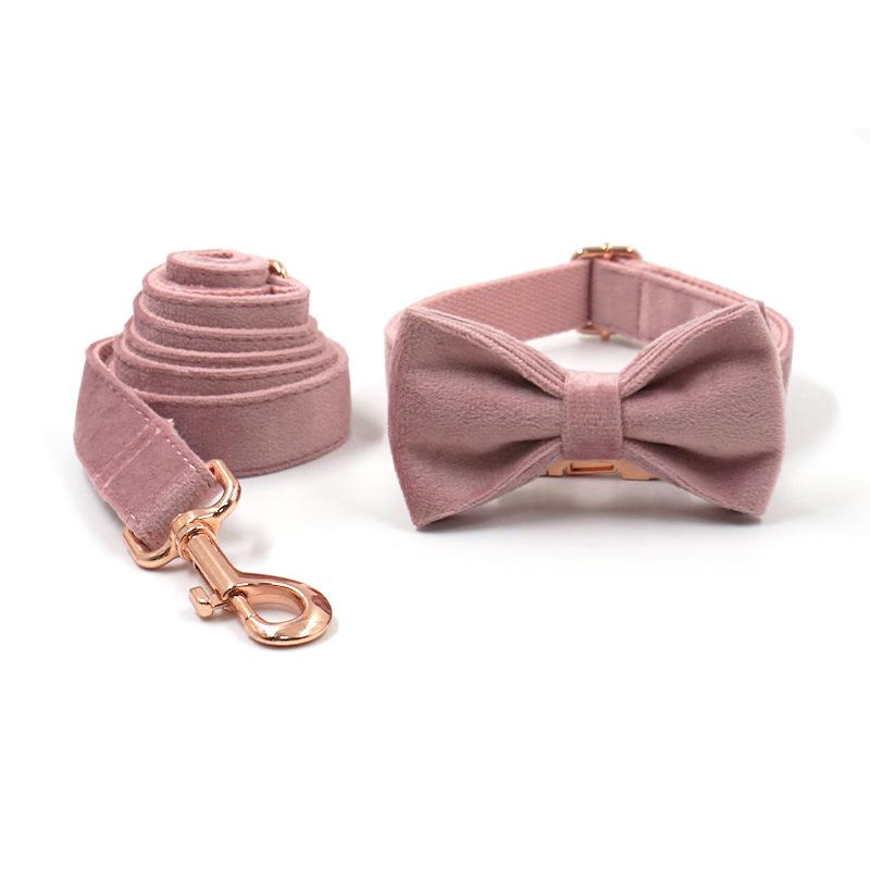 Mihaha Boss Rose Gold Champagne Pink Velvet Pet Collar & Leash Bow Set Medium