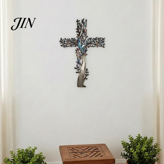 Layered Tree Wall Sculpture Metal Cross Art, of Life Hanging Crosses Decor, Art for Garden Living Room Bedroom Retro Style
