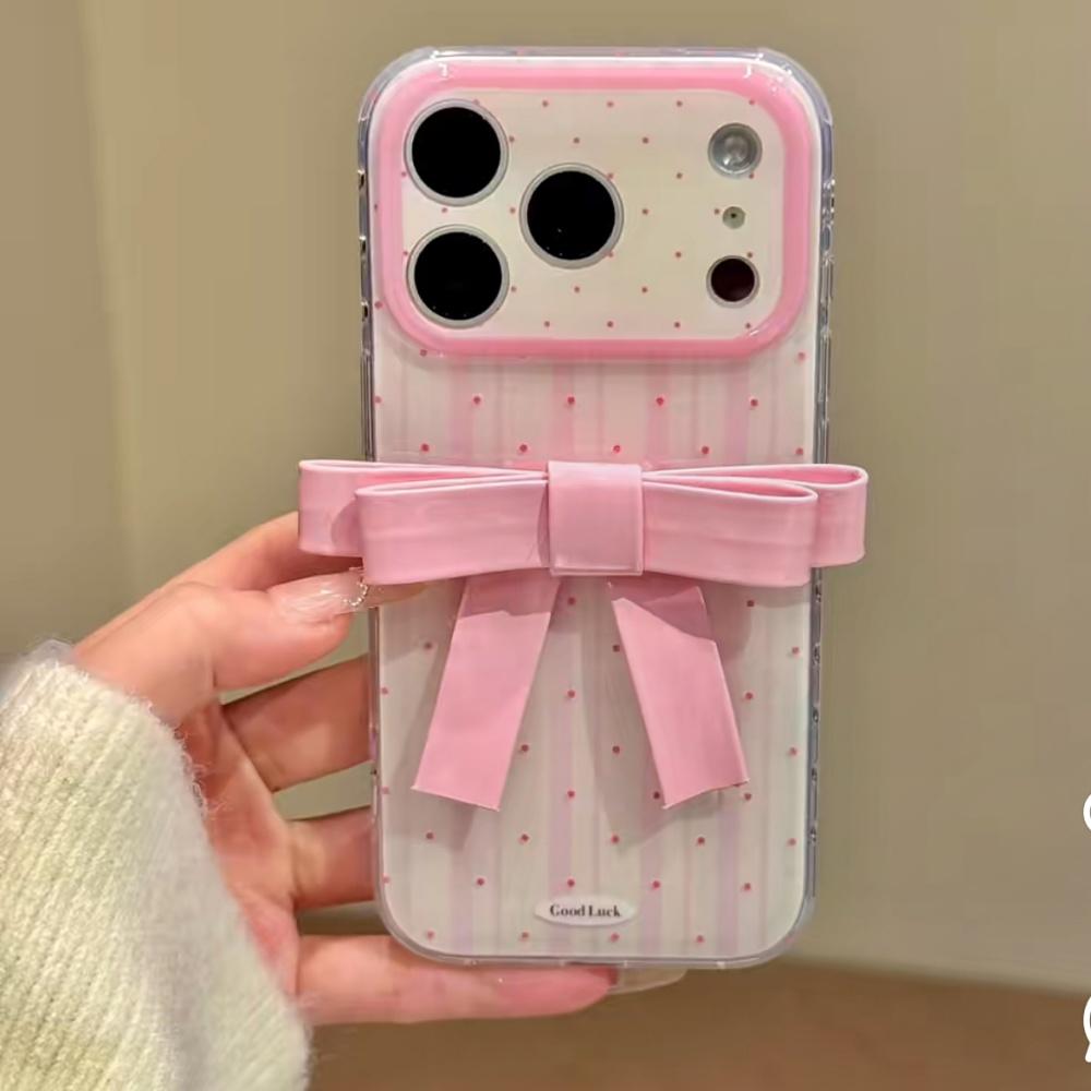 Korean Style Polka Dot 3D Pink Bow iPhone 17 Pro Max Case Creative Design 14 Pro Cover Fashion Full Edge Protection