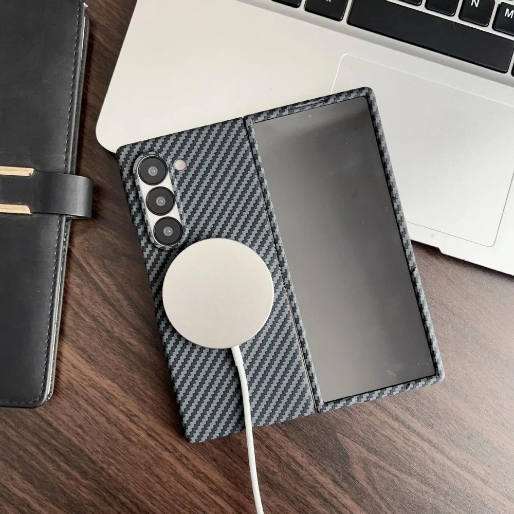 Luxury Carbon Fiber Leather Magsafe Phone Case for Samsung Galaxy Z Fold 7 6 5 4 3 Protect Magnetic Wireless Charging Back Cover
