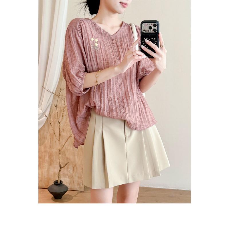 DIMANAF 2026 Summer New Plus Size Women Blouse Shirt Vintage Embroidery Loose Cotton Linen Casual Lady Tops