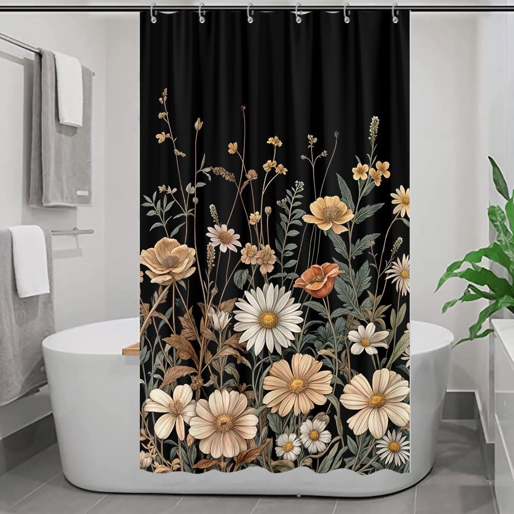 Vintage Boho Floral Shower Curtain, Cute Retro Bohemian Flower Botanical Aesthetic Decorative Shower Curtain Set with Hooks