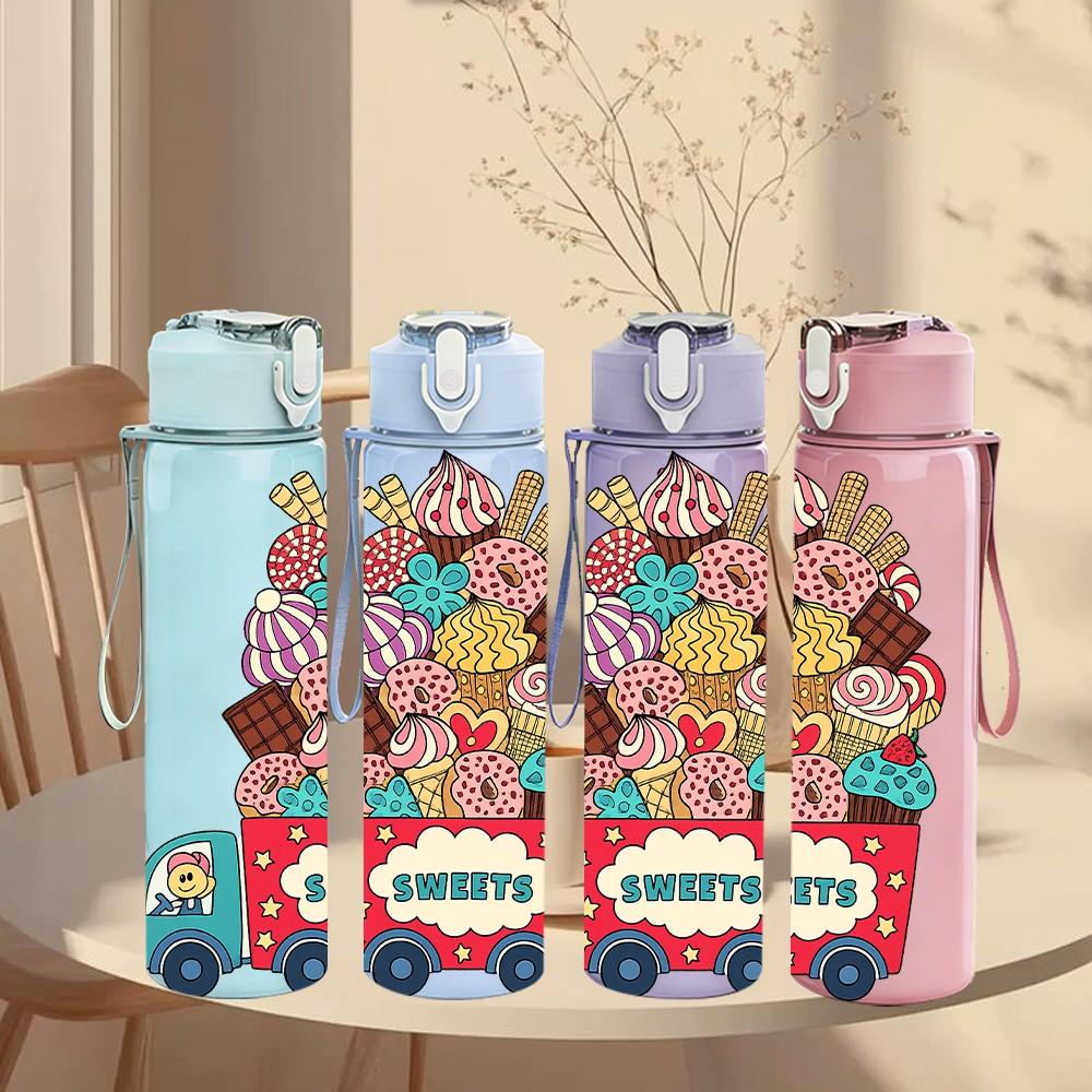 1PC Colorful Ice Cream Truck Cartoon Pattern 750ml Color Plastic Sports Water Bottle Leakproof Flip Straw Lid Suitable for Sports Office Home Use