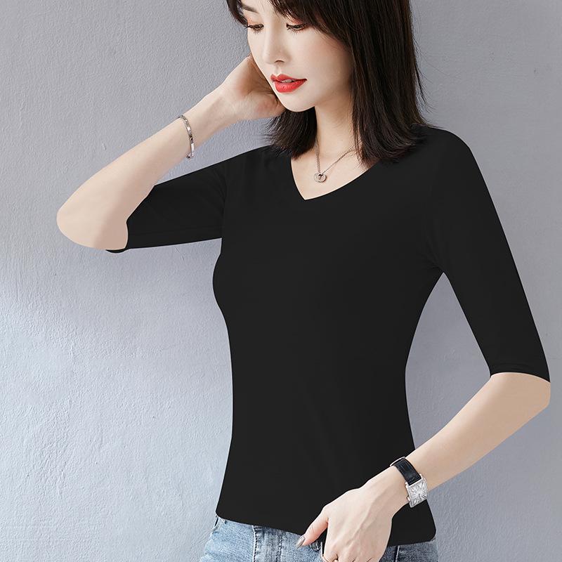 Women's Pure Cotton Three-Quarter Sleeve Slim Fit Mock Neck T-Shirt for Spring and Autumn 2022