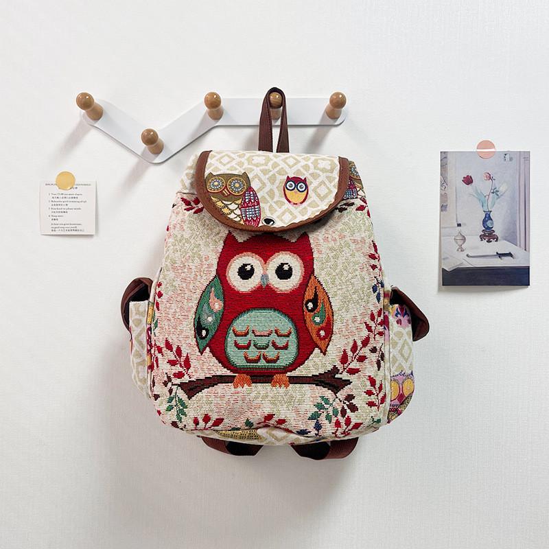 Owl Canvas Backpack With Drawstring Closure For Casual Daily Use