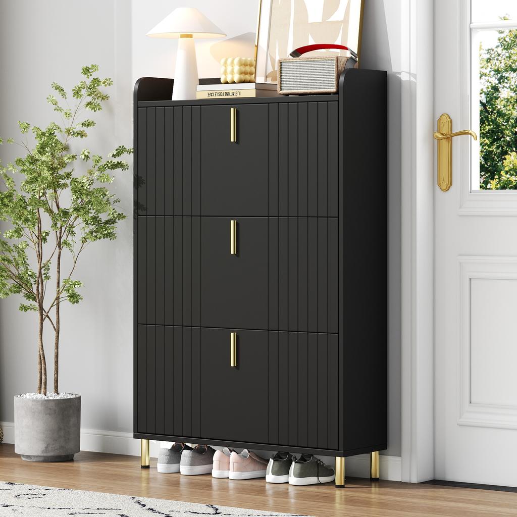 Shoe Cabinet with 3 Flaps, Narrow Shoe Rack Shoe Tilt Cabinet, with 6 Compartments, Adjustable, Anti-Tip Device for Entryway, 80*23.5*123.5cm, Black