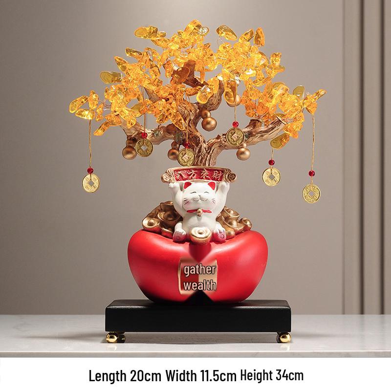 Fortune Cat Money Tree Figurine - Office, Shop, Reception & Housewarming Decoration