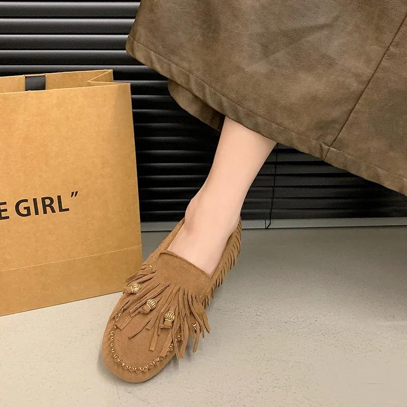 Fashion Flats Luxury Summer All-match Flat Bean Shoes Slip-on Lazy Women's Shoes Soft Soles Shallow Mouth Retro Tassel Women's Shoes