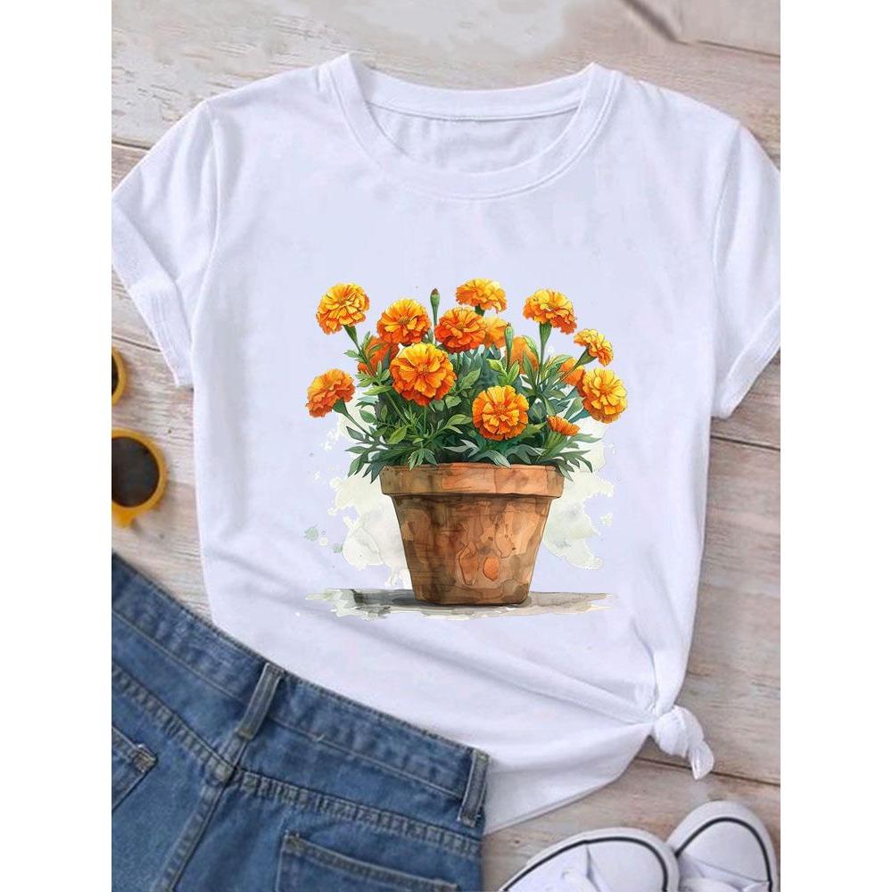 Women's printed candy flower T-shirt, casual wear, short sleeved T-shirt, women's fashionable graphic T-shirt