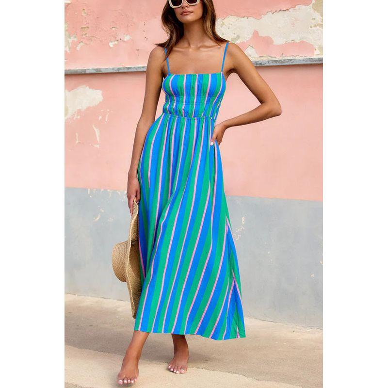 

European and American Stripe Sling Casual Dress Women Summer Fresh Midi dress Mid Length Skirt Color S