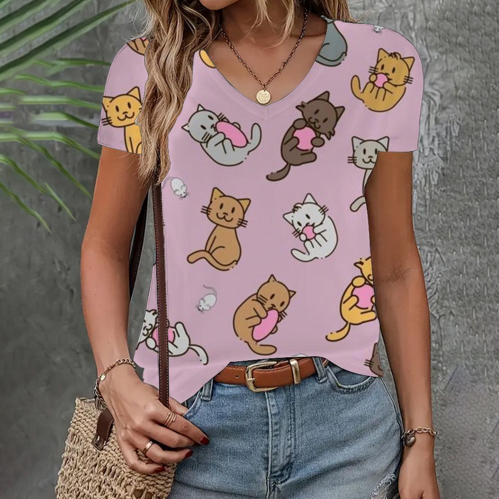 Sommer Neues T-Shirt Damenbekleidung Locker Lässig Kurzarm Mode Katzenprint Oberteil V-Ausschnitt Elegante Kleidung Damen T-Shirt 2024